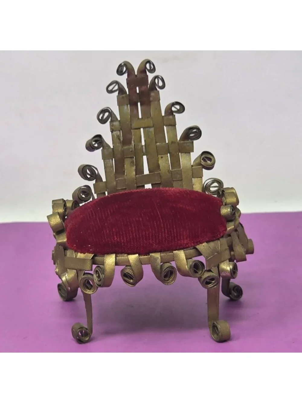 Vintage Handmade Tin Metal Scroll Chair Red Velvet Dollhouse/PinCushion Folk Art
